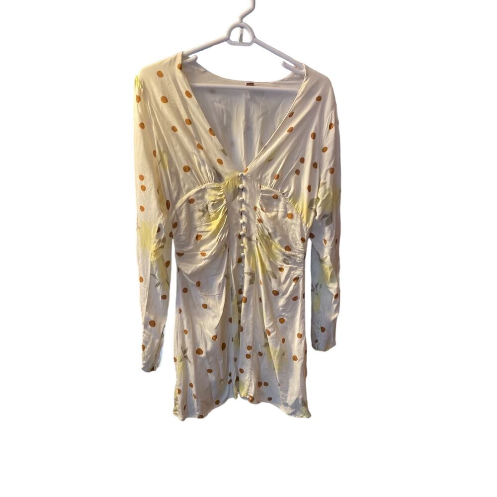 Free People Floral Dot Bohemian Ruched Button Up V Neck Long Sleeve Mini Dress M